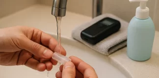użytkownik delikatnie myje ustnik alkomatu dla dokładnych pomiarów