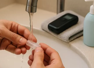 Jak dbać o swój alkomat, by służył latami użytkownik delikatnie myje ustnik alkomatu dla dokładnych pomiarów