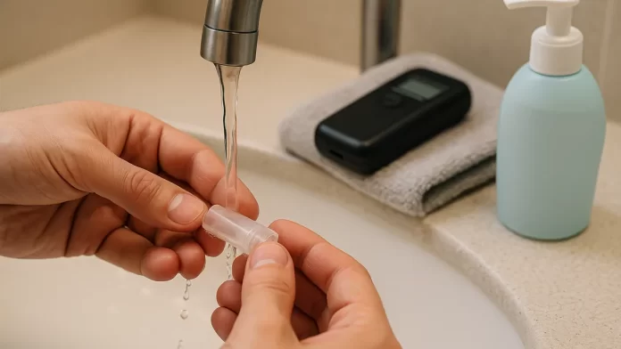 użytkownik delikatnie myje ustnik alkomatu dla dokładnych pomiarów